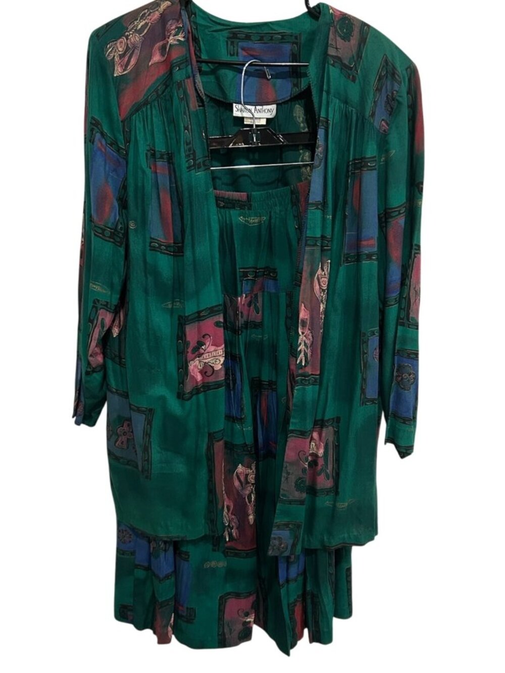 Vintage Sharon Anthony 2 Piece Blazer Skirt Set Size 20W Green Art Deco NWT